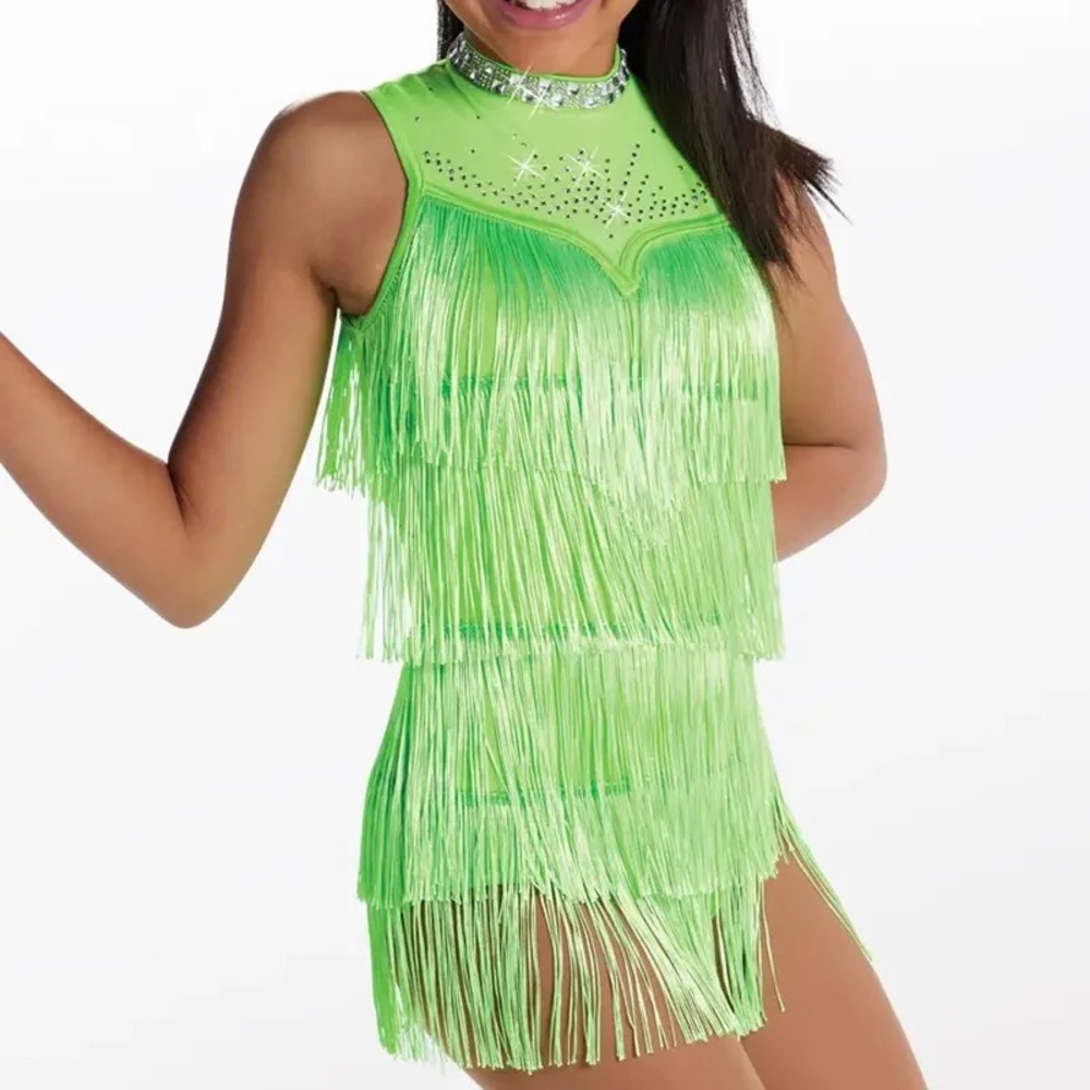 Weissman dance “call me” neonGreen Fringe Dance Dress